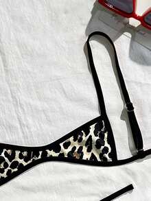 Swim Vcay Conjunto de bikini de 2 piezas con parte superior de tirantes finos y espalda descubierta con estampado de leopardo y tanga, sexy para el verano - Multicolor - Ver 5