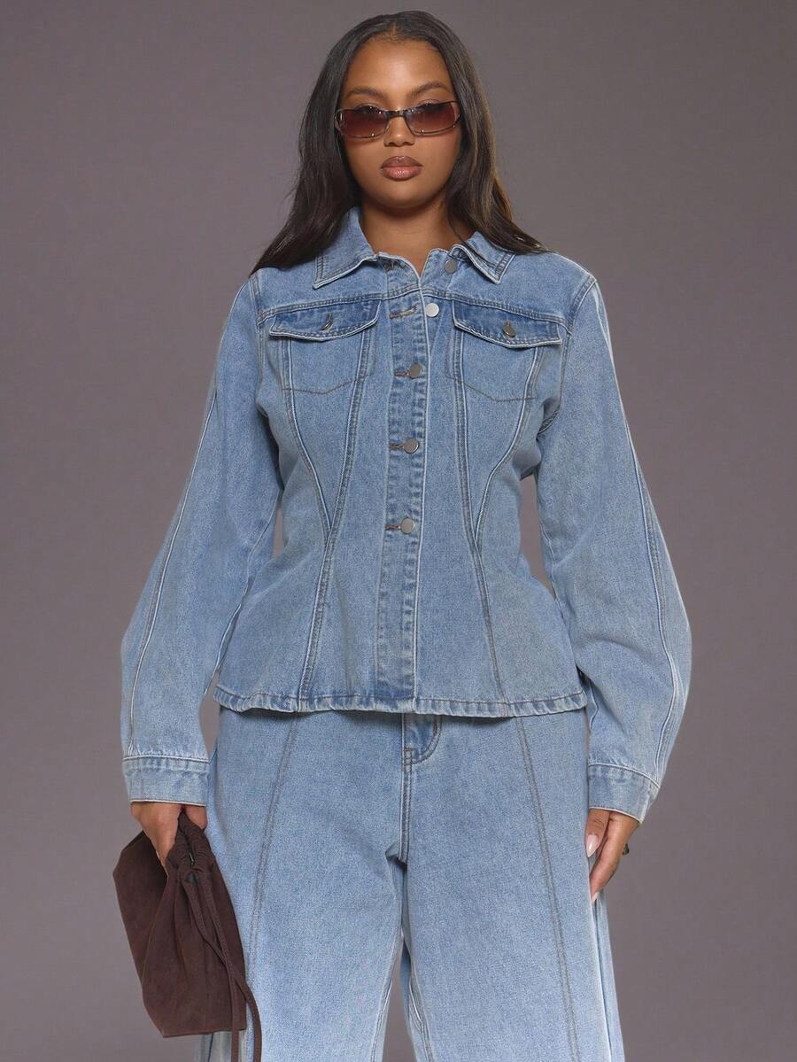 MUSERA Plus Contrast Stitch Cinched Waist Button Through Denim Jacket Autum Everyday Casual Cool Girl Streetwear Uncut - Light Wash - View 1