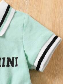 SHEIN 女婴休闲简约翻领字母印花连体衣，春夏款 - 薄荷綠 - 查看 5