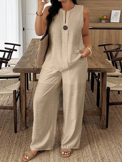 SHEIN PETITE CURVE Plus Size Women Sleeveless Shirt And Loose Pants 2 Pieces Set, Casual Vacation Outfit, Spring/Summer