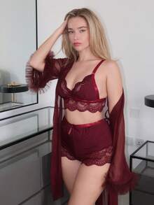 Turnttoni 3 件套蕾丝拼接性感吊带短裤 + 3D 饰边宽袖网眼长袍套装 - 紫紅色 - 查看 6