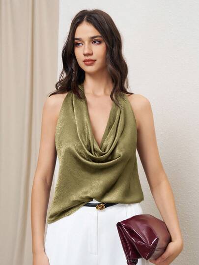 BizChic Blusa con cuello drapeado sin espalda, cintura elástica ajustable en color verde, versátil para usar en primavera/verano, adecuada para Pascua, Día de San Patricio, elegante para ir al trabajo, uso casual diario, estilo romántico retro de los 90, vestido de fiesta, playa, graduación, vacaciones, invitada de boda, dama de honor, anfitriona