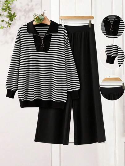 EMERY ROSE Plus Size Women Zip-Up Striped Drop Shoulder Long Sleeve Hoodie And Wide Leg Pants Casual 2 Piece Set Ladies Casual Sets Women Plus Clothing 2 Piece 2pc Set Women Plus Striped Set