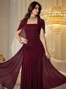 Modelyn Elegant Mesh & Shiny Yarn Strapless Shawl Sleeve Fitted Long Dress For Women, Spring/Autumn - Burgundy - View 4