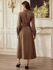 Vintamour Vintage Classic Elegant Women's Dress, Autumn/Winter, Fitted, Metal Button, Collar, Long Sleeve, Belt, Coffee Brown Color, Pocket Flap - Coffee Brown - View 2