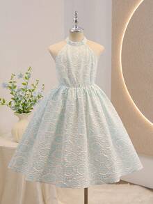 Tween Girl Embossed Bow Back Sleeveless Elegant Dress Jacquard Dresses Preteen Light Blue Floral Dress Halter Dress For Girl Tween Girls Elegant Dress Kids Jacquard Dresses Light Blue Flower Girl Dress Light Blue Party Dress - Blue - View 3