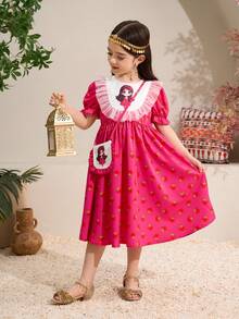 女童深绿色阿巴雅长袍，中东穆斯林传统服饰，碎花连衣裙，荷叶边下摆，适合户外穿着，可搭配包包，附赠金色饰边丝带 - 玫紅色 - 查看 6