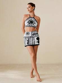 Swim Oasis 女士沙滩度假阳光印花露背比基尼套装，含罩衫和裙子 - 黑與白 - 查看 4