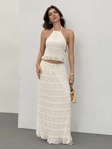 SHEIN Tall 女士度假户外浪漫露背低腰吊带裙套装 - 米色 - 查看 1
