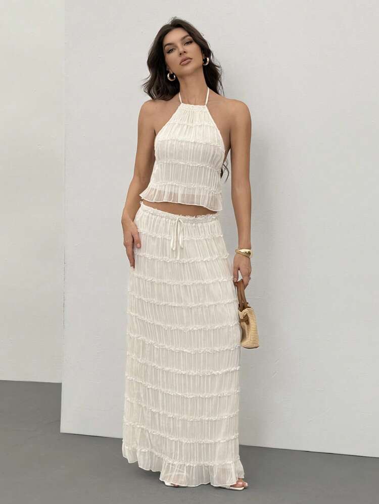 SHEIN Tall Women's Vacation Outdoor Romantic Halter Backless Low Waist Skirt Set Pleated Skirt Set Beach Skirt Set Vacation Outfits Woman Skirt Set White Skirt And Top Set Two Piece Long Skirt Set Vacation Outfits Women Skirt Set - Beige - View 1
