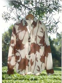 Airaco 女士休闲印花长袖轻薄衬衫，适合春、夏、秋季穿着。 - 咖啡棕 - 查看 1