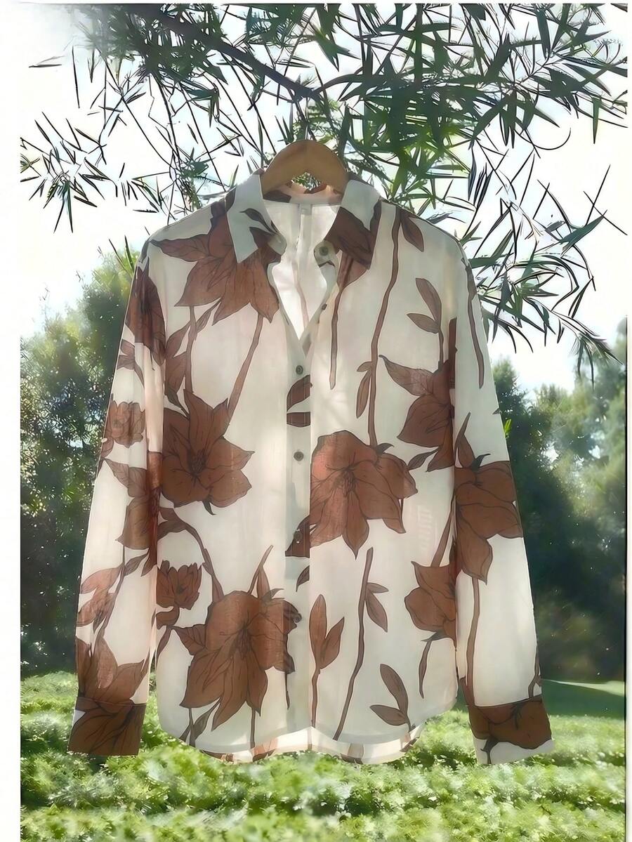 Airaco 女士休闲印花长袖轻薄衬衫，适合春、夏、秋季穿着。 - 咖啡棕 - 查看 1