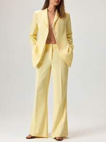 Cloudara Women Two Pieces Suit Sets Tie Front Detailed Blazer Jacket And Wide Leg Pants - Light Yellow - View 1