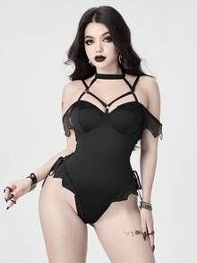 ROMWE Women's Gothic Backless Off-Shoulder Bat Wing Sexy Bodysuit - Black - View 1