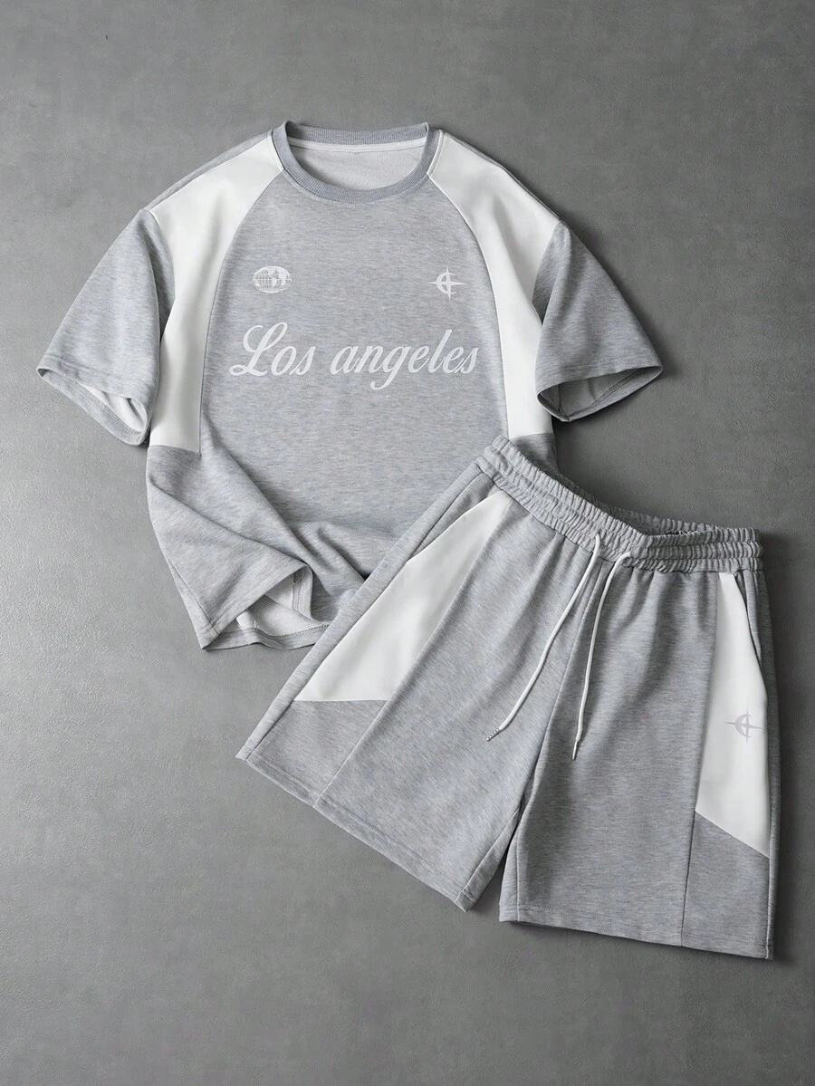 PAVTROS 男士字母印花圆领短袖休闲T恤和抽绳腰短裤套装 - 彩色 - 查看 1