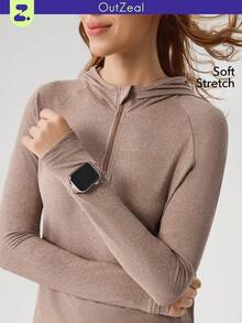 OutZeal Áo khoác nỉ nữ ngoài trời, áo tập thể dục tay dài, khóa kéo nửa thân trước, có lỗ xỏ ngón tay cái. - màu nâu - Xem 11