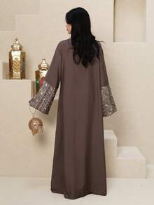 Al Najma Women's Elegant Sequin Embroidery Notched Neck Loose Dress, Autumn - Multicolor - View 3