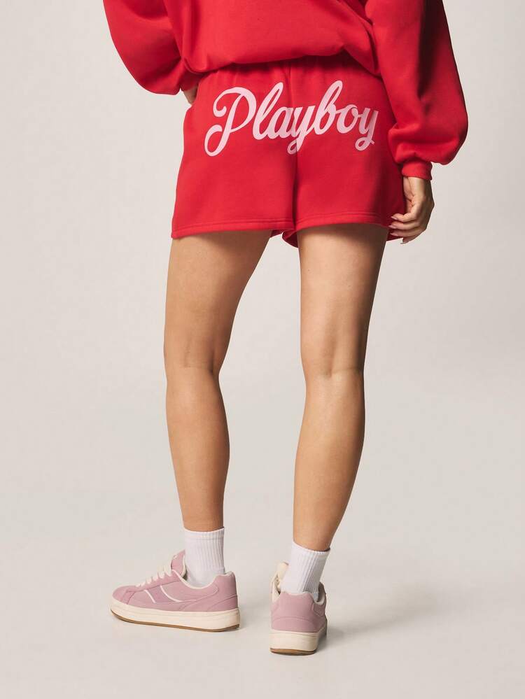 Missguided x Playboy Pantaloncini jogger da donna con coulisse, stampa a scritte e tasche laterali, abbigliamento casual da relax estivo