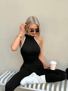 Slayform 女士撞色瑜伽连体裤，长款蜜桃臀设计，一体式瑜伽服，时尚运动装 - 黑色 - 查看 1