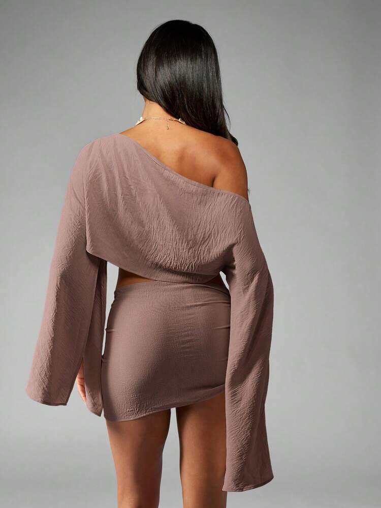 MISSGUIDED Off Shoulder Textured Cover Up With Bell Sleeves And Asymmetric Wrap Skirt Beach Resort Linen Feel Co Ord