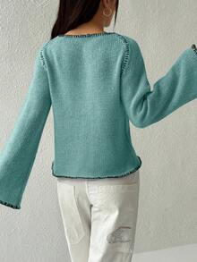 Flirla Áo khoác cardigan dài tay nữ màu trơn, cài nút, khoét lỗ, kiểu dáng thường ngày. - Màu xanh lá cây đậm - Xem 2