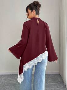 Elenzga Áo kiểu nữ cỡ lớn màu đen tay dài vạt bất đối xứng với viền ren trắng, thích hợp cho các dịp thường ngày, công sở, đám cưới, năm mới, Giáng sinh và Halloween. - Màu Đỏ Sâu - Xem 2