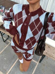 Muchica 两件套学院风菱形提花针织开衫套装 - 彩色 - 查看 4