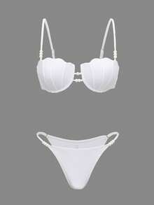 Swim Oasis 3pcs/Set Summer Vacation Sexy Pearl Shell Bikini Set With Spaghetti Straps & Front/Middle Slit Drawstring Maxi Dress - White - View 5