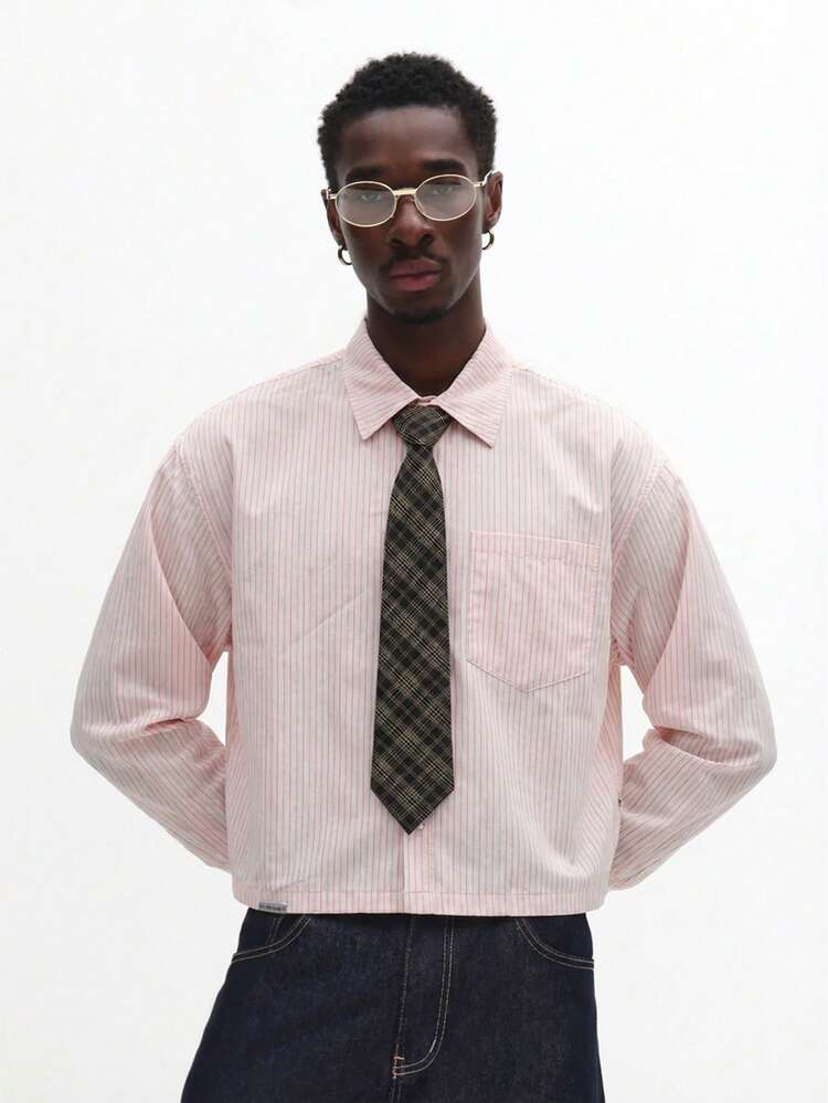 Pinstripe Shirt With Attached Plaid Tie
