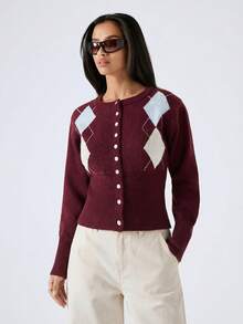 LYSMO Women's Burgundy Argyle Long Sleeve Knit Sweater,Autumn Retro Vintage Y2k School Top,Back-To-School Colorblock Minimalism Casual Streetwear Cardigan - Multicolor - View 6