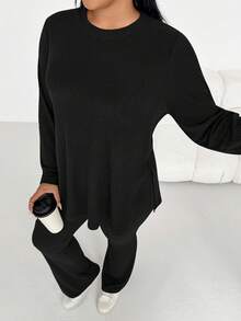 SHEIN Essnce 大码女装秋冬时尚休闲宽松舒适日常基础款修身保暖磨毛长袖宽松上衣搭配喇叭裤黑色两件套，秋季服装，机场穿搭，女士舒适秋冬装 - 黑色 - 查看 3