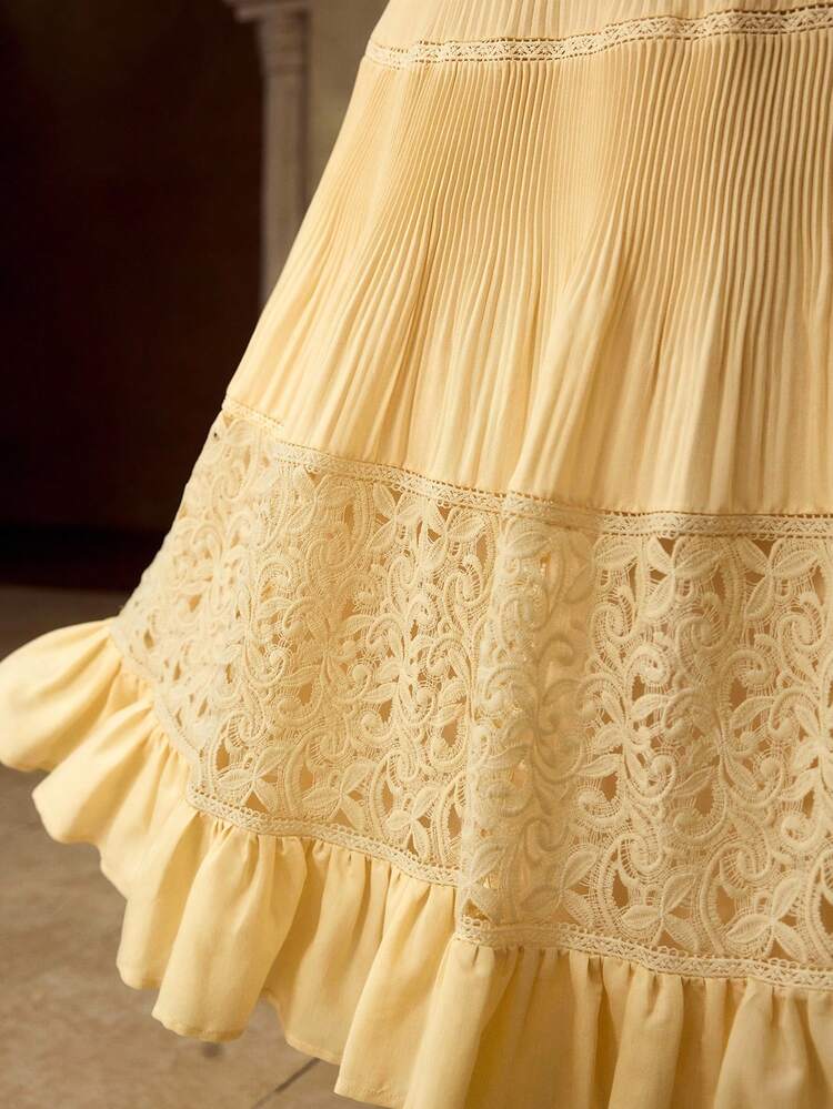 WOMEN'S SPRING/SUMMER A-LINE SKIRT WITH LACE PATCHWORK, TENCEL & WOOL BLEND