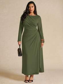 SHEIN BAE Váy xếp ly tay dài thanh lịch cỡ lớn dành cho nữ, màu vàng, mùa thu/đông - xanh quân đội - Xem 4