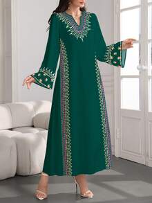 SHEIN Najma 女士花卉植物印花拼接蓝色数码印花V领长袖优雅阿拉伯风格连衣裙，春秋季 - 彩色 - 查看 3