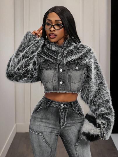 Slaydiva Women's Fashion Fuzzy Patchwork Cropped Denim Jacket