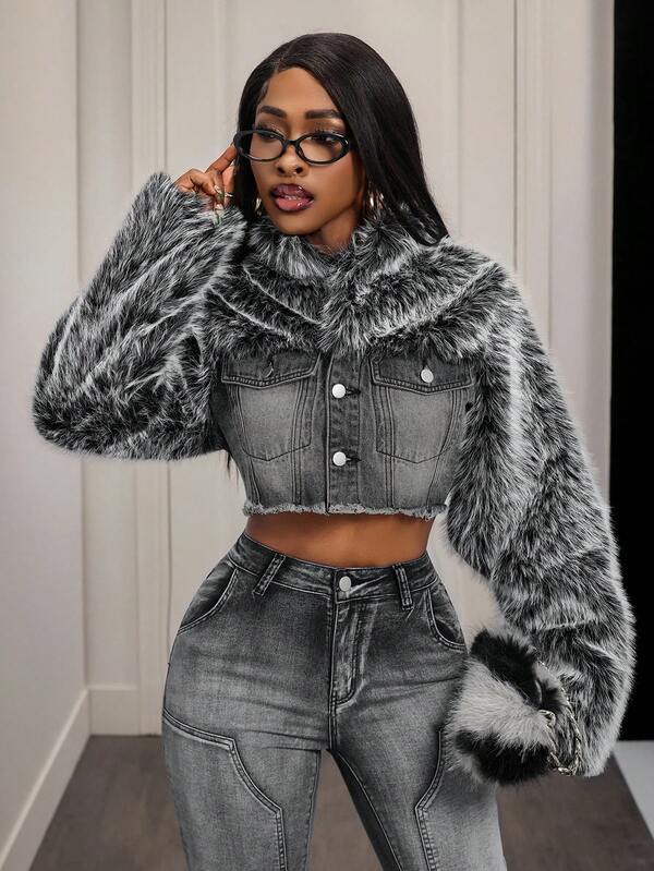 Slaydiva Giacca di jeans corta con patchwork in pelliccia sintetica alla moda per donna