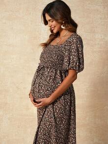 Boho Mama Maternity Clothes Maternity Dress Bohemian Vacation Summer Black Floral Square Neck Puff Sleeve Drawstring Waist Nursing Dress - Multicolor - View 4