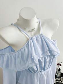 Elamini Áo kiểu nữ tay dài, trễ vai, xếp nếp, phối lưới. - Màu xanh nhạt - Xem 5