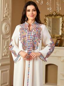 EMERY ROSE Loose Long Sleeve V-Neck Printed Casual Dress For Women - Multicolor - View 6