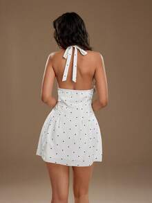 TRNVIE Women's Summer Deep V-Neck Halter Polka Dot Dress, Solid White Elegant, Suitable For Vacation, Work, And Party Occasions - White - View 2
