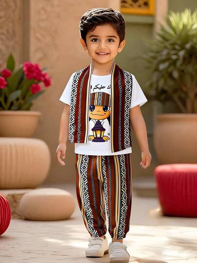 2pcs Young Boys Classic Totem Print Short Sleeve T-Shirt And Long Pants Set With Scarf, Suitable For Daily Outdoor Play And Travel, Interesting Cultural Design, Suitable For Celebrations And Gatherings Boy Clothes For Kids