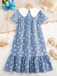 SHEIN رمضان	Everyday Casual Blue Smock Dress For Tween Girls With Contrast Lace Peter Pan Collar And Daisy Print Flounce Hem - Blue - View 5