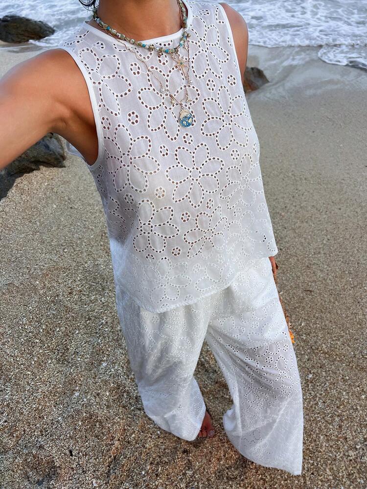 2pcs/Set Women Lace Camisole Top And Casual Pants