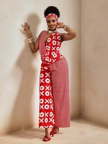 BamGleam 休闲度假风拼接水波纹印花露背系带吊带上衣搭配松紧腰宽松阔腿连体裤（女款） - 紅白色 - 查看 1