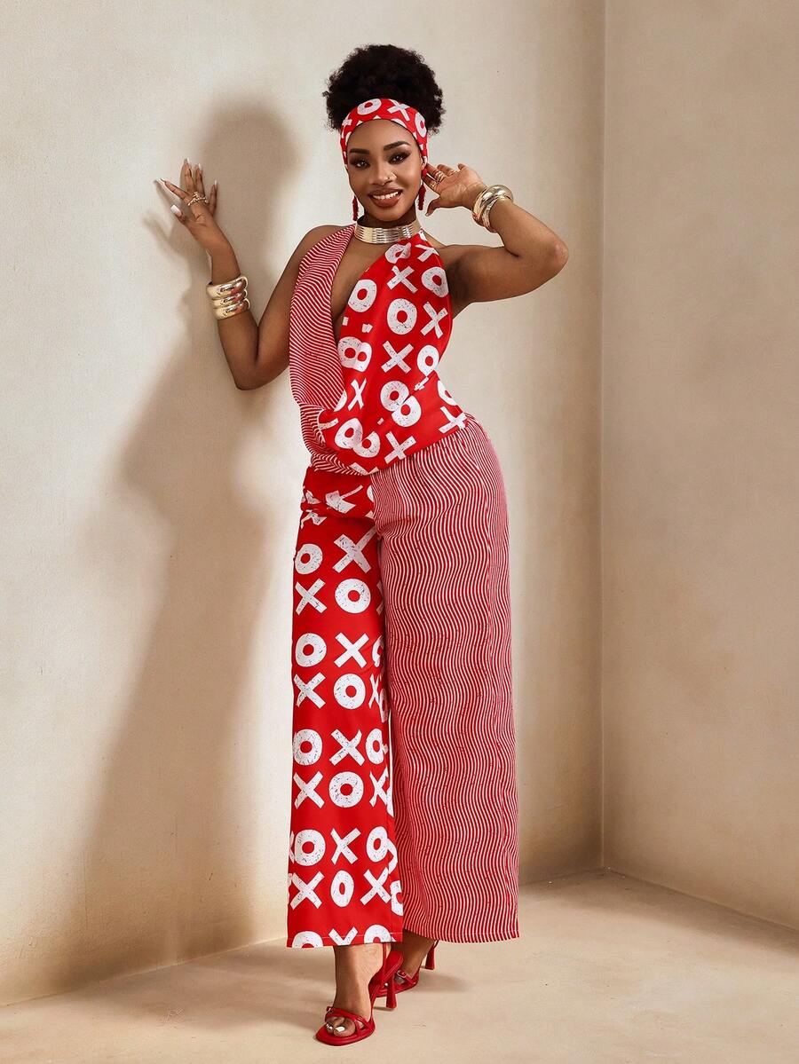 BamGleam 休闲度假风拼接水波纹印花露背系带吊带上衣搭配松紧腰宽松阔腿连体裤（女款） - 紅白色 - 查看 1