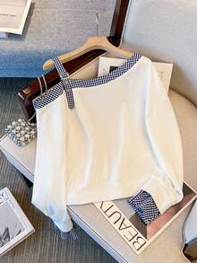SHEIN Franclia Women's Fashionable Asymmetric Off-Shoulder Long-Sleeve Early Autumn Sweatshirt, Two-Piece Style Sweatshirt, Spring Outfit Women, Spring, Spring Break Outfits, Going Out Top Women Long Sleeve Tops Cute Casual Tops Preppy Tops Cute Tops For Women - White - View 3