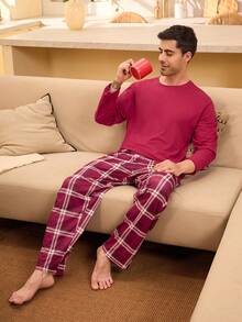 Velminro New Year Red Solid Color Crew Neck Long Sleeve Top And Plaid Print Long Pants Set Men Long Pants Set Men Pajama Set - Red - View 1
