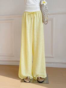 SHEIN EZwear 女士休闲黄色针织阔腿裤，夏季 - 黃色 - 查看 4