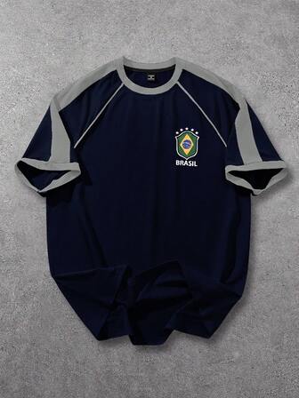 Aesthetic Post 1 pieza Camiseta de fútbol suelta de manga raglán amarilla y verde para hombres, con ribete verde y amarillo en las mangas y el cuello, emblema verde en el pecho izquierdo, gran texto "BRASIL" y número amarillo "7" en la espalda, uso deportivo casual para todos los días, gran regalo para novio, esposo o pareja