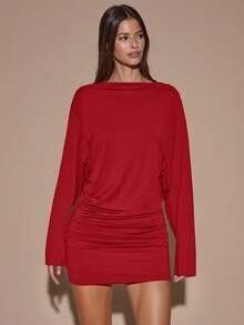 SHEIN BAE 秋冬季纯色棕色/咖啡色长袖宽松深V领露背性感迷你连衣裙，适合鸡尾酒会、浪漫约会、聚会、正式活动、伴娘礼服、夜生活、万圣节、圣诞节等场合。 - 紅色 - 查看 4